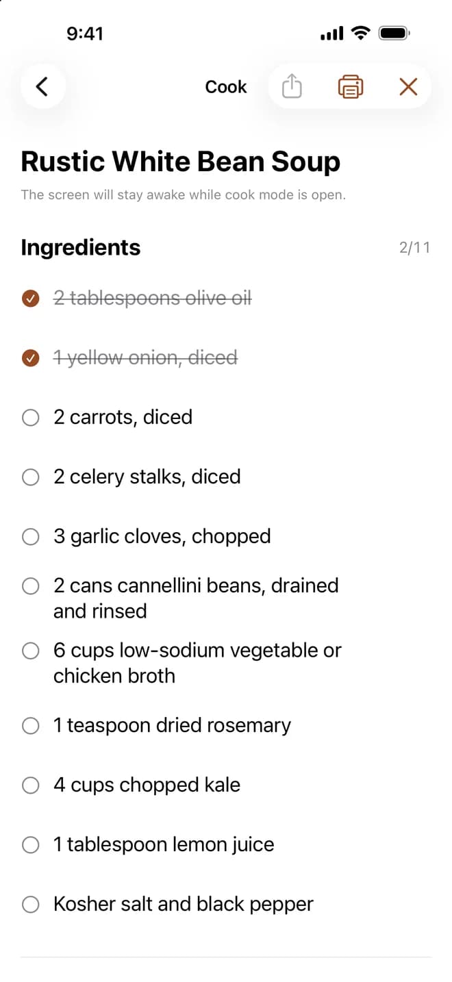 iPhone Cook Mode with ingredients checked off.