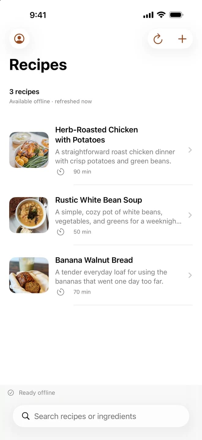 DishCache’s iPhone library with saved chicken, soup, and banana bread recipes, plus recipe search and offline status.